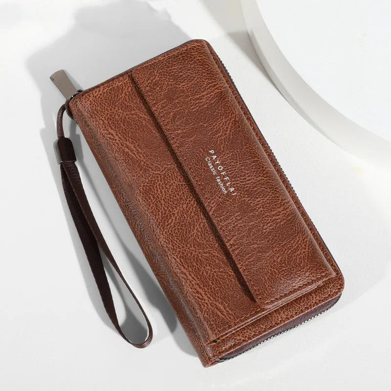 Men's black PU leather long wallet showing multiple card slots and measuring 19x10.5x4 cm