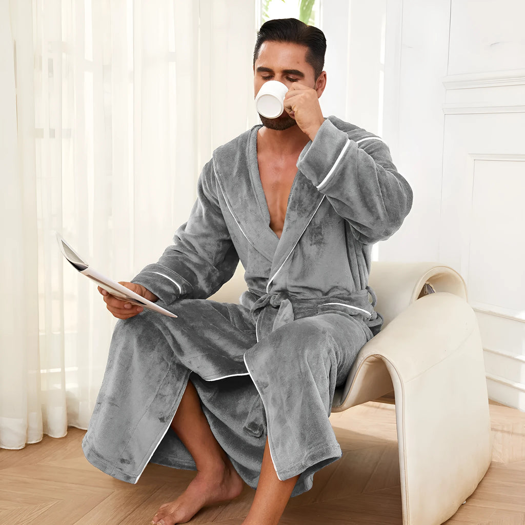 Unisex flannel bathrobe in light gray, dark blue, and black for autumn and winter wear
