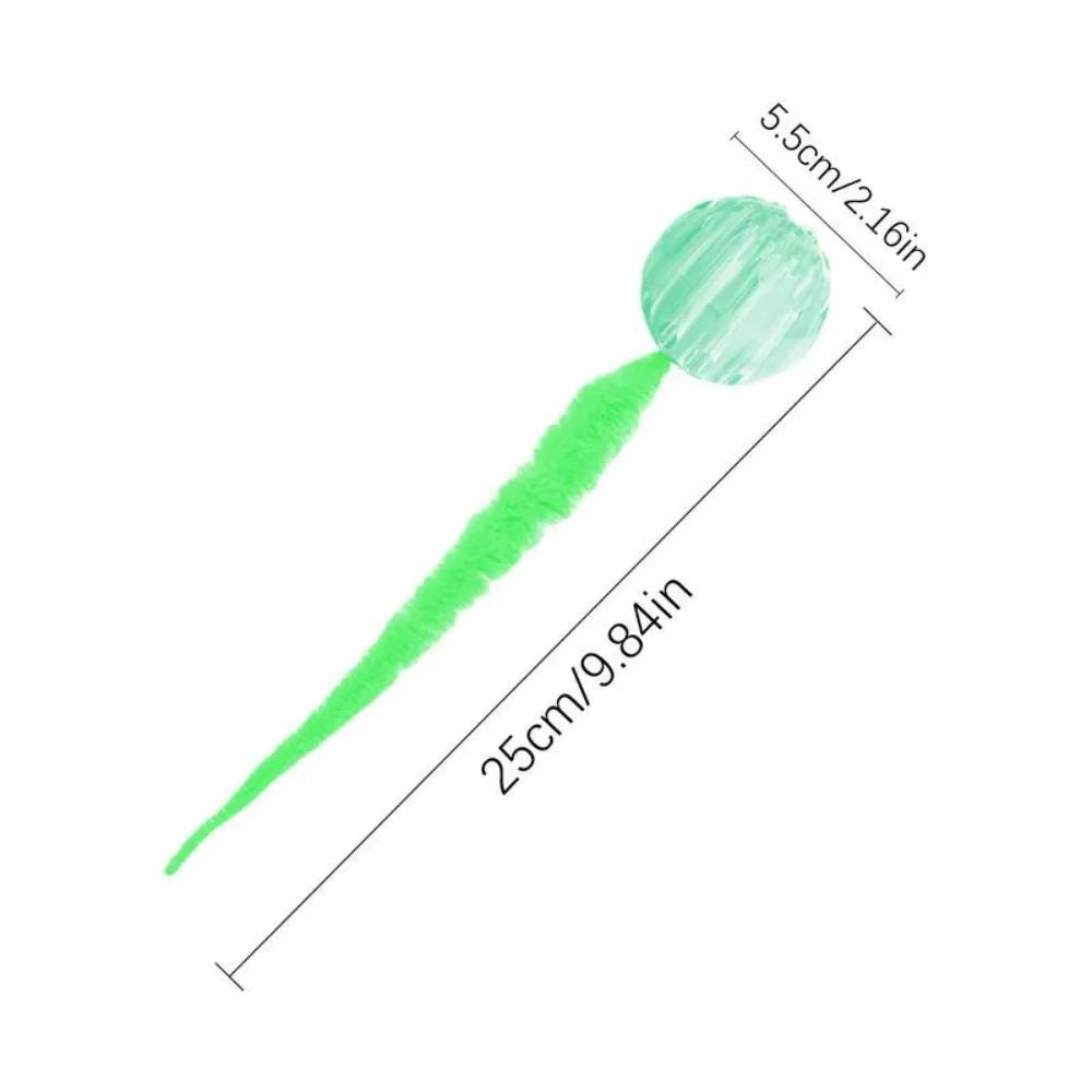 Interactive cat toy with purple bouncy ball and plush tail on wooden floor