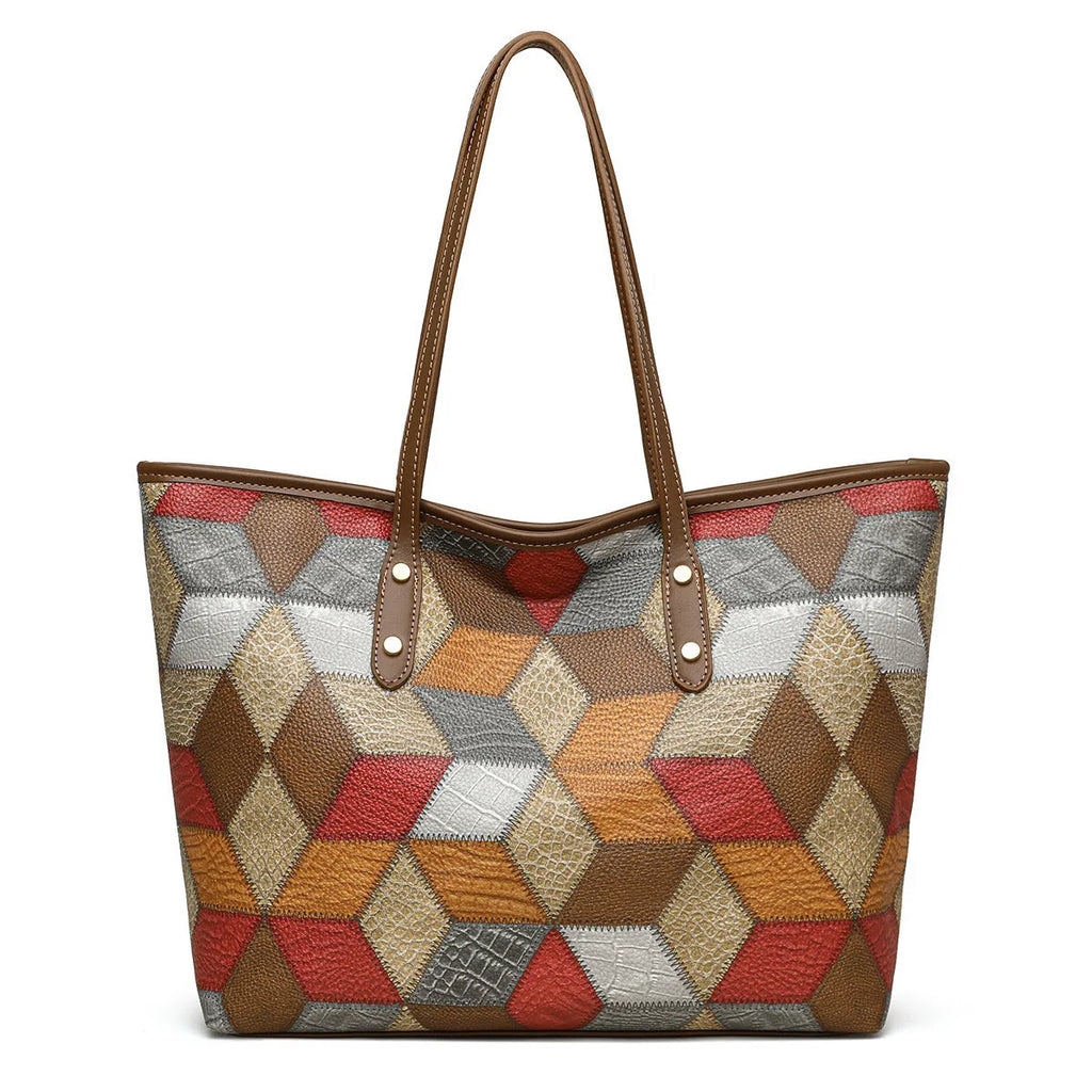 Women's large capacity PVC shoulder handbag in blue brown colour with sandwich pocket organiser