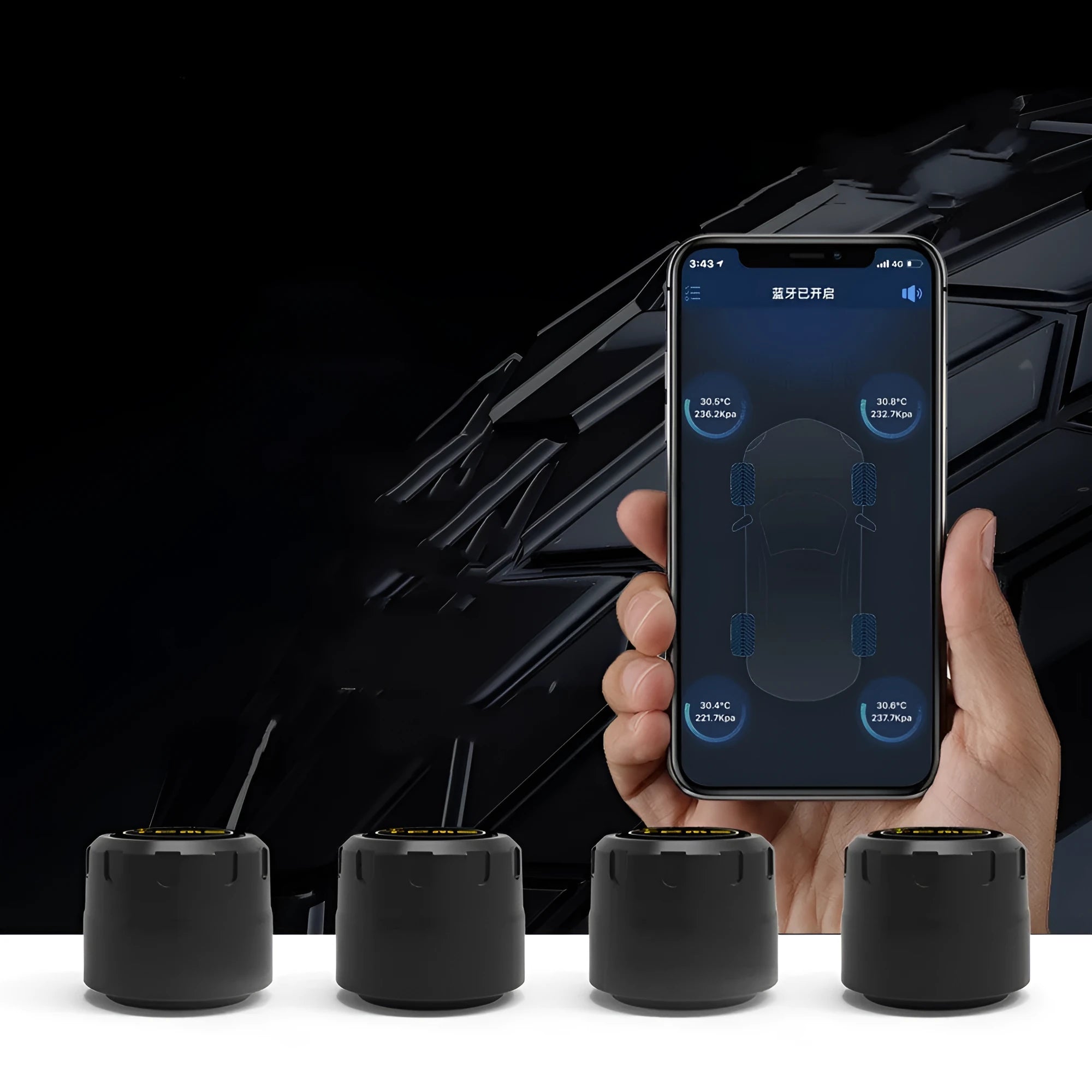Bluetooth 5.0 tyre pressure monitoring system with four black external sensors, a wrench, and anti-theft screws.