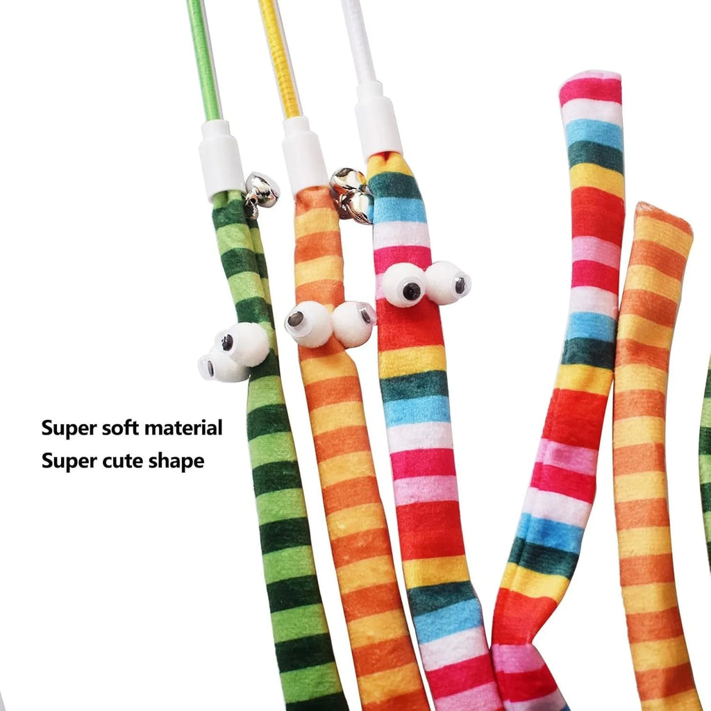 Colourful cat teaser wand toy with a long plush strip and bell on a polycarbonate handle.