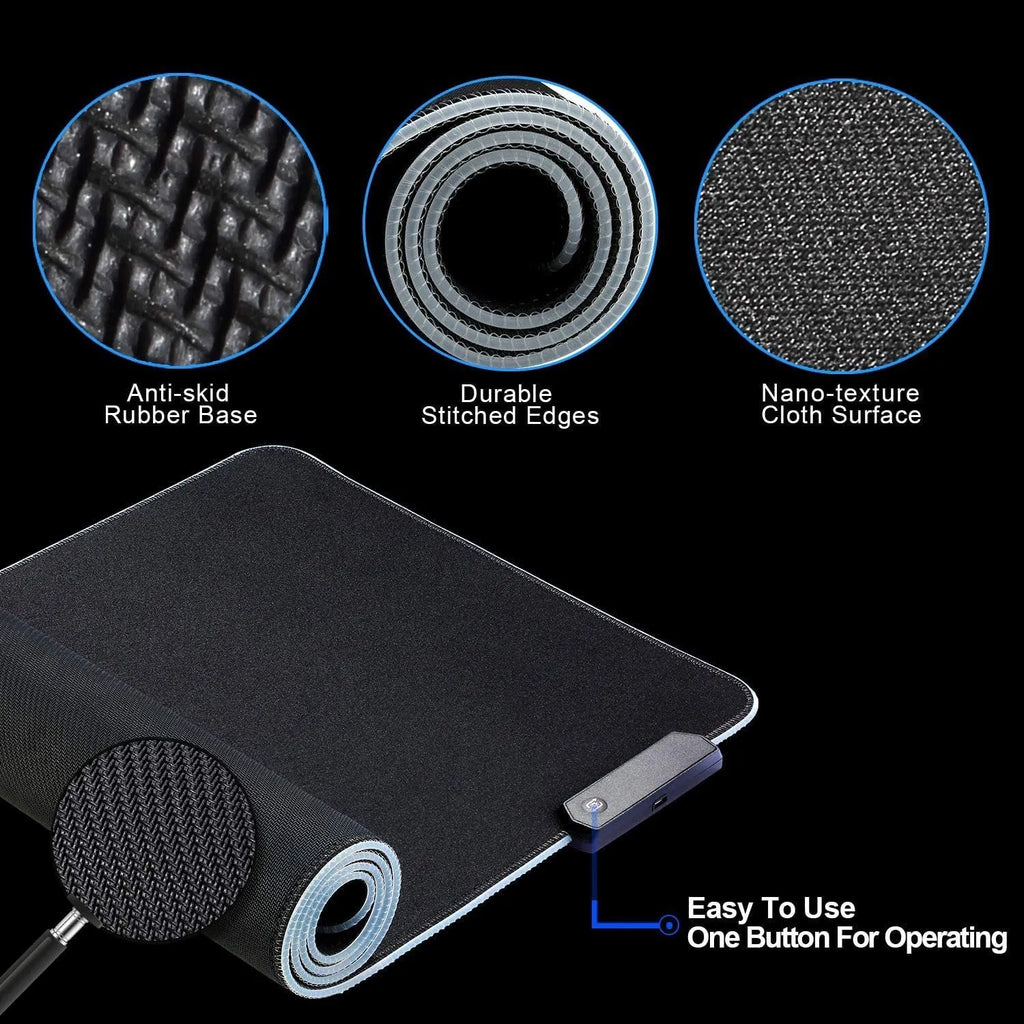 Luminous RGB mouse pad with non-slip rubber fabric base in multiple sizes