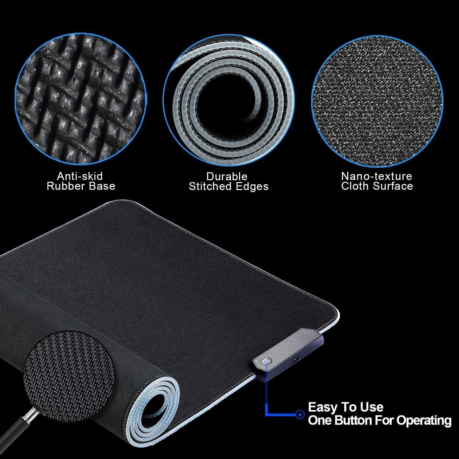 Luminous RGB mouse pad with non-slip rubber fabric base in multiple sizes