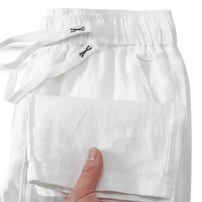 Pure linen Chinese-style straight trousers with elastic waistband in multiple colour options