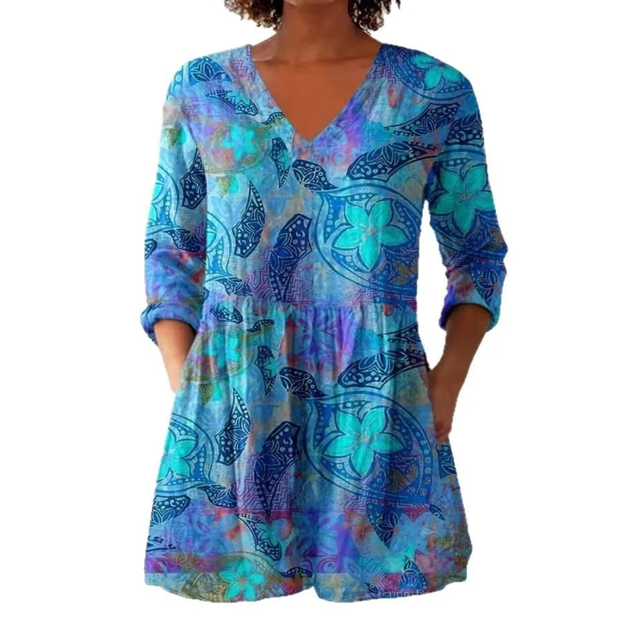 Women's retro slim fit long-sleeved top with digital printing in polyester fabric