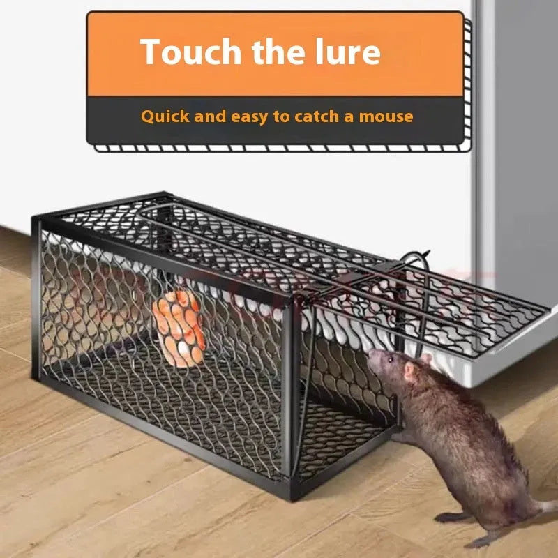 Automatic metal and plastic mouse cage trap shown in small, medium, and large sizes for indoor rodent control.