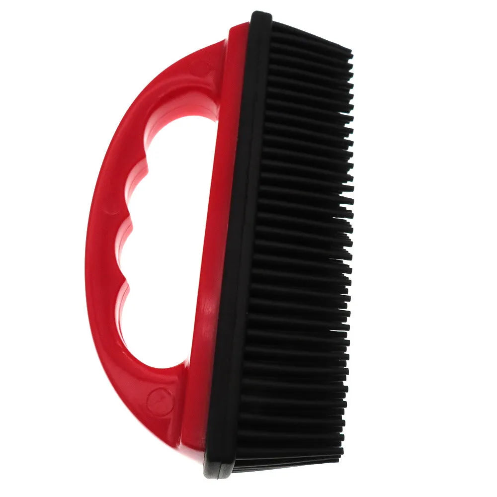Red pet grooming brush with hair removal feature for dogs, cats and carpet cleaning measuring 160x85mm