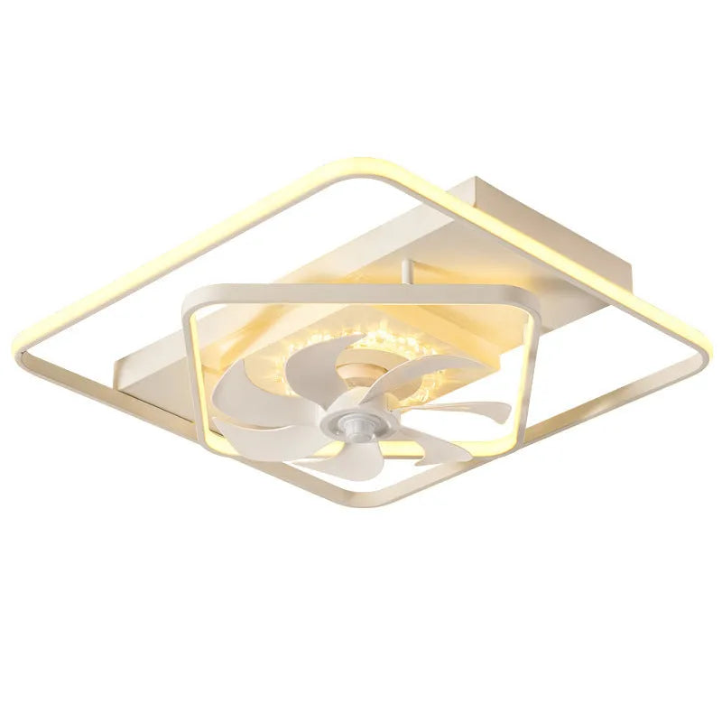 Modern style white ceiling fan with light, plastic blades and acrylic shade, shown mounted on a ceiling.
