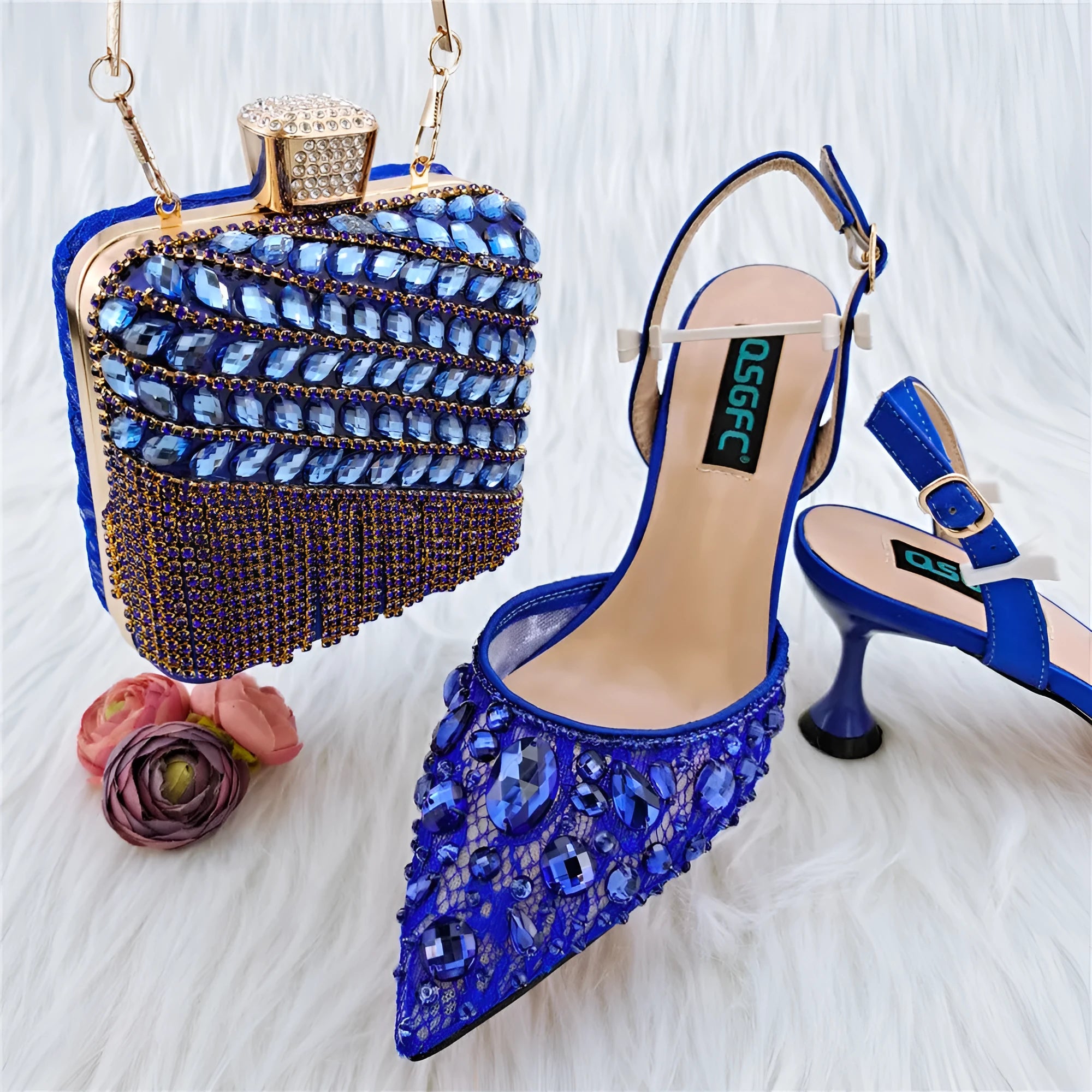 Ladies' party sandals high heels thin heel 6-8cm with matching diamond bag, rubber sole, PU inner, sizes 38-43