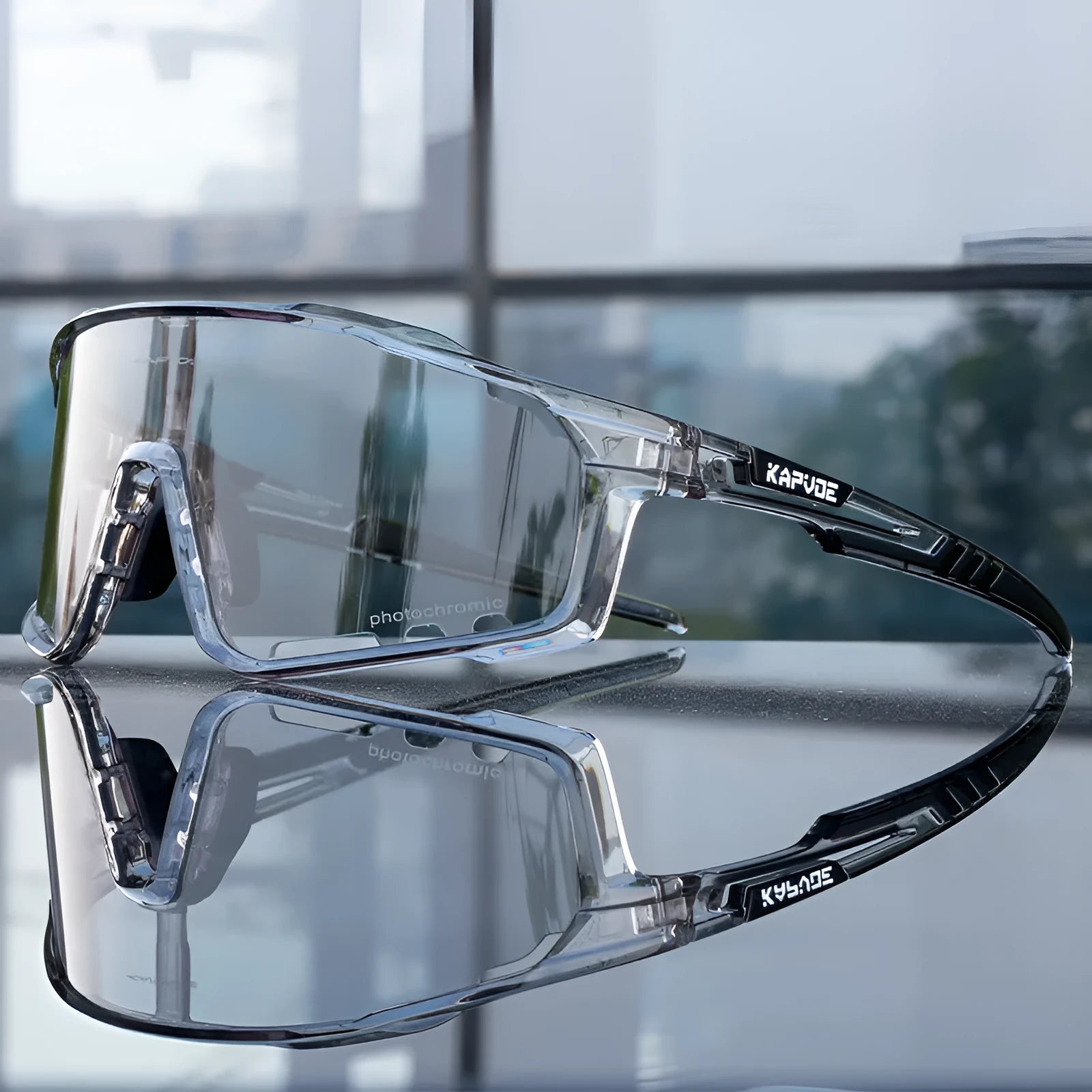 TR90 photochromic cycling sports goggles with a semi-rimless frame in one of 14 available colours.