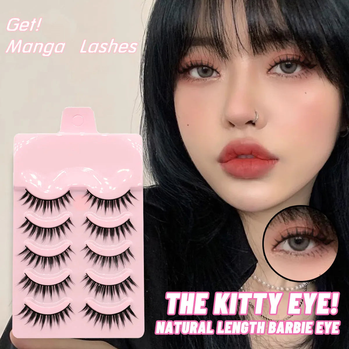 Three styles of manga false eyelashes in black with natural wispy design for anime cosplay makeup
