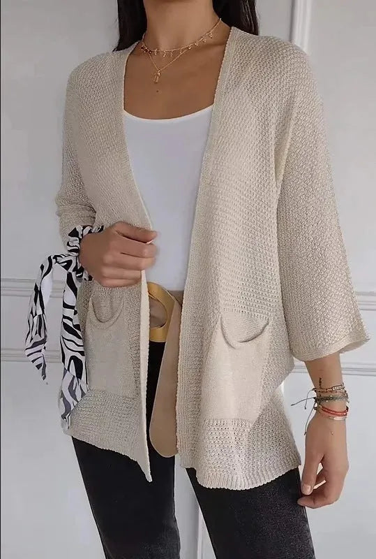 Women's waffle-textured polyester cardigan coat with nine-quarter sleeves in army green colour