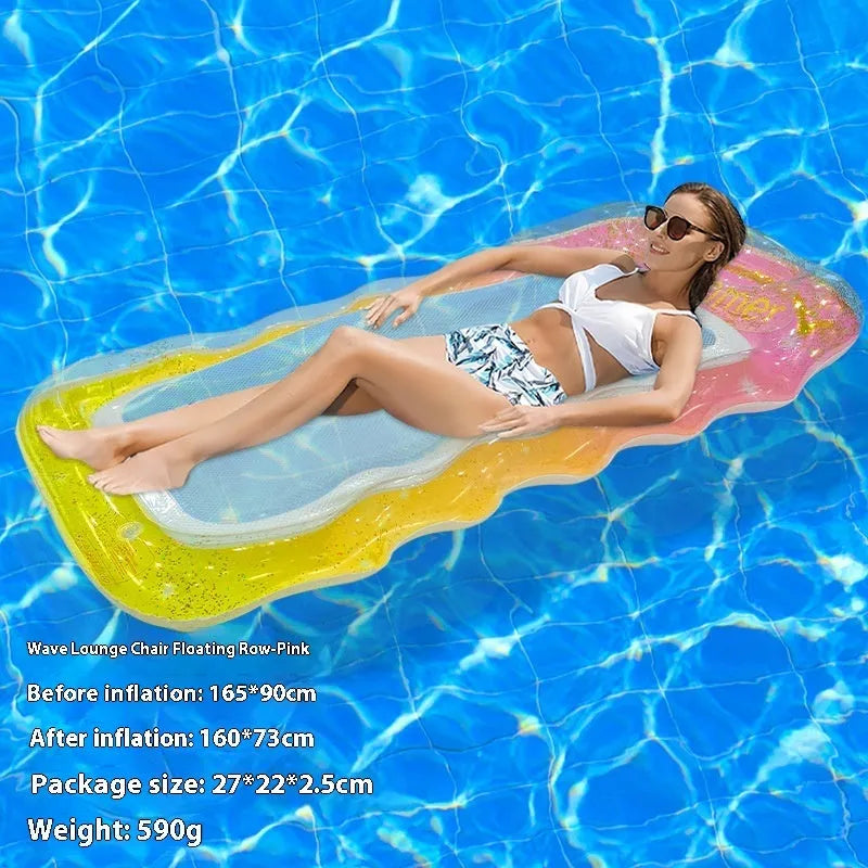 PVC inflatable floating row pool lounge in gradient sequin blue-purple wave design with canopy