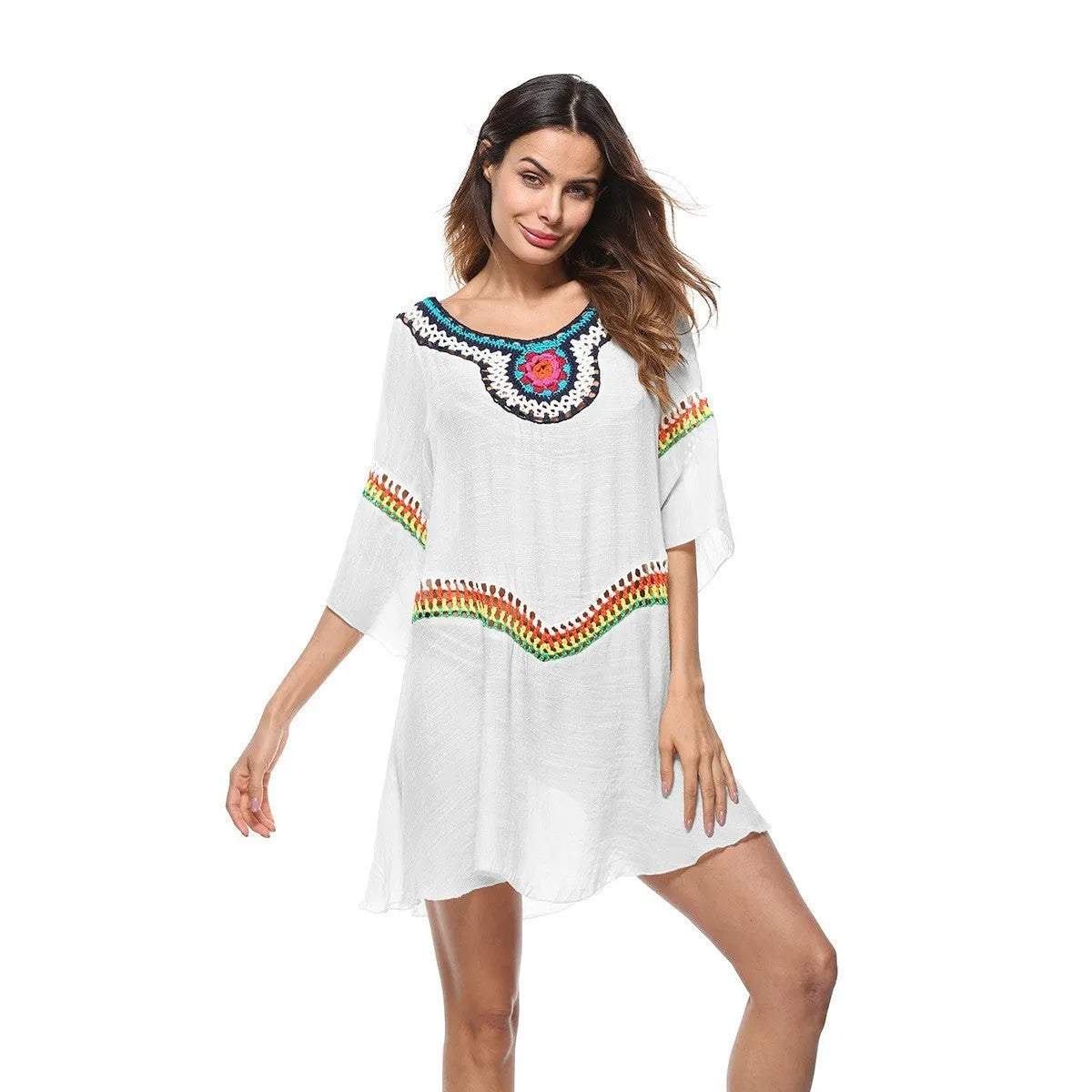 Crocheted white sun protection beach cover-up top for women, loose fit.