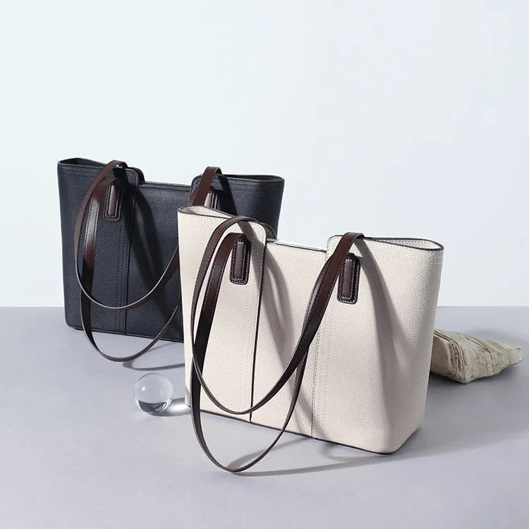 Genuine leather women's commuter shoulder bag in box-type design with mobile phone pocket