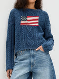 Women's navy blue acrylic fibre pullover top with national flag pattern, long sleeves, front view