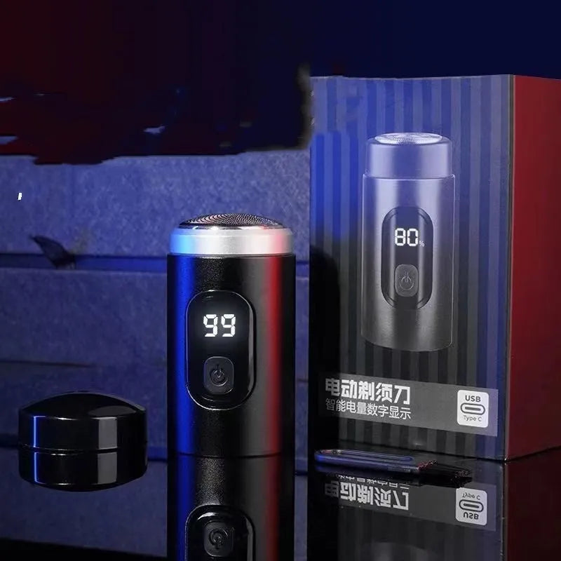 Black portable rechargeable shaver with USB charging cable and cleaning brush on a white background.