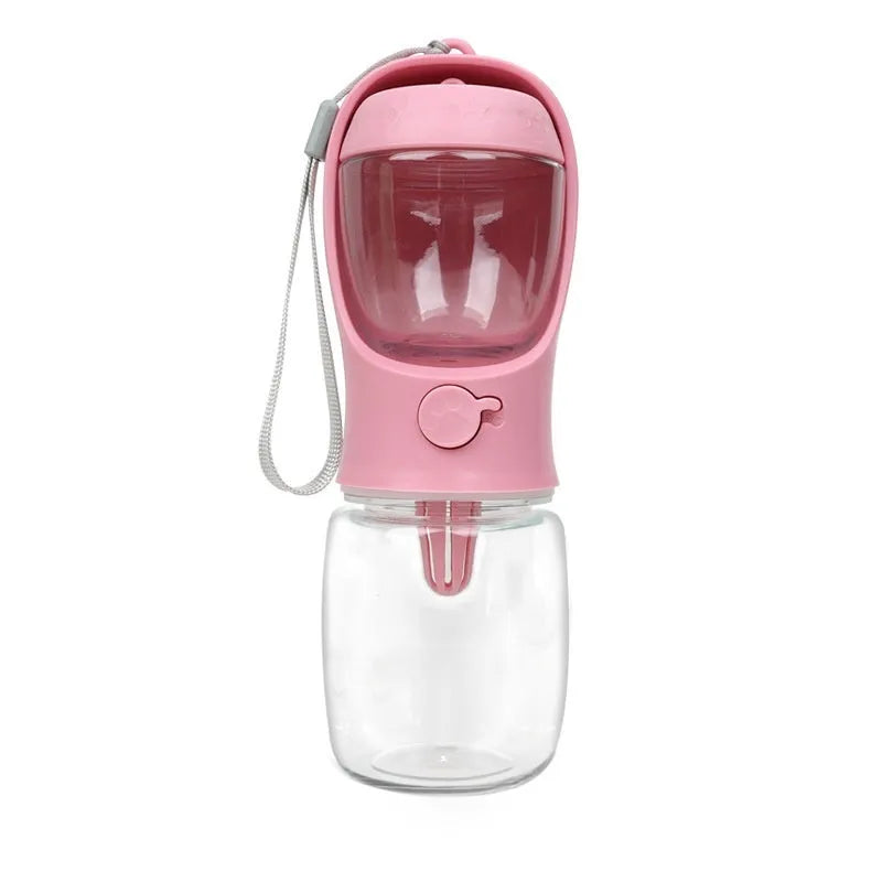 Portable blue dog water bottle with integrated drinking bowl showing split water grain design