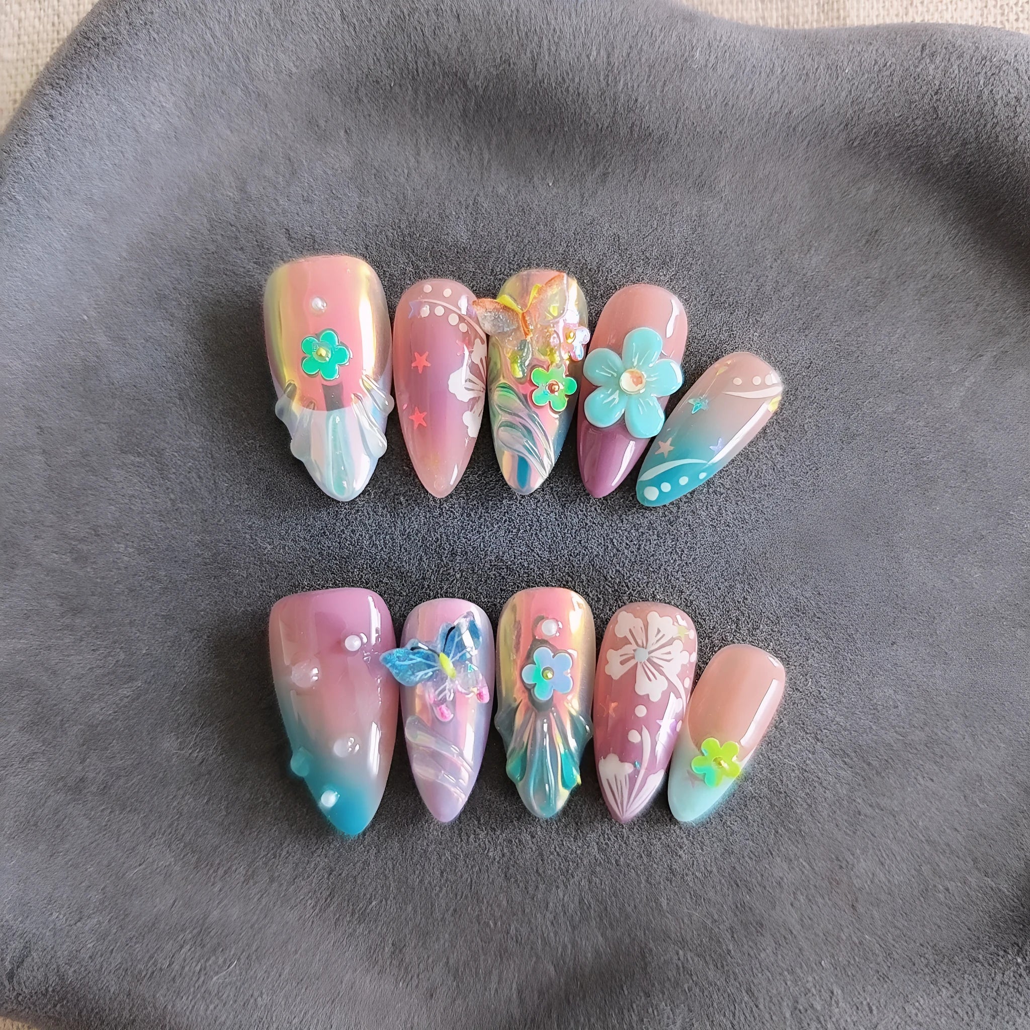 Handmade flower and butterfly nail art sculptures with embossed patterns for manicure decoration