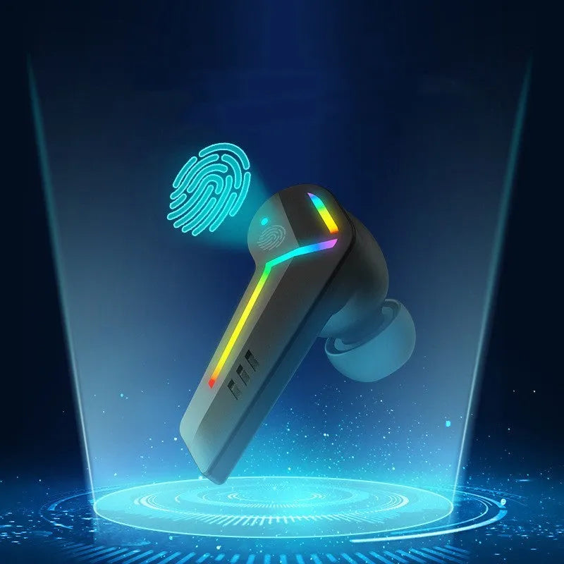 Black wireless TWS earbuds with earplug-style design for sports and gaming use