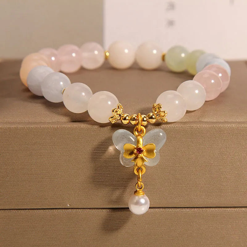 Colourful Morganite crystal bracelet with butterfly pendant for women