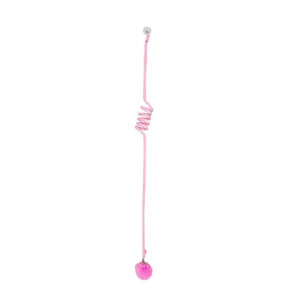 Kitten playing with a spring-mounted hanging ball toy attached to a door by a suction cup.