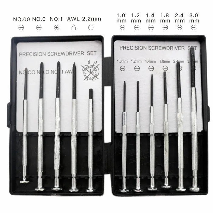 11-piece clock repair screwdriver set with cross and flat blade drivers for electronics maintenance