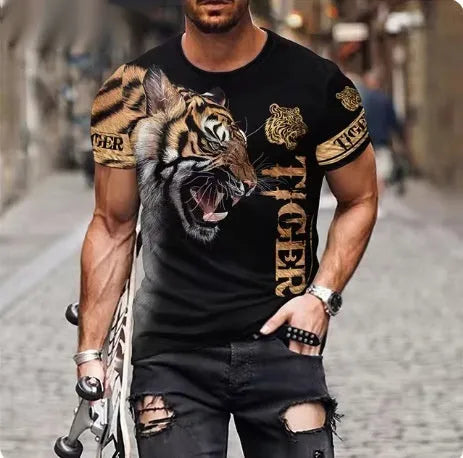 Men's grey t-shirt with 3D lion face printing on front