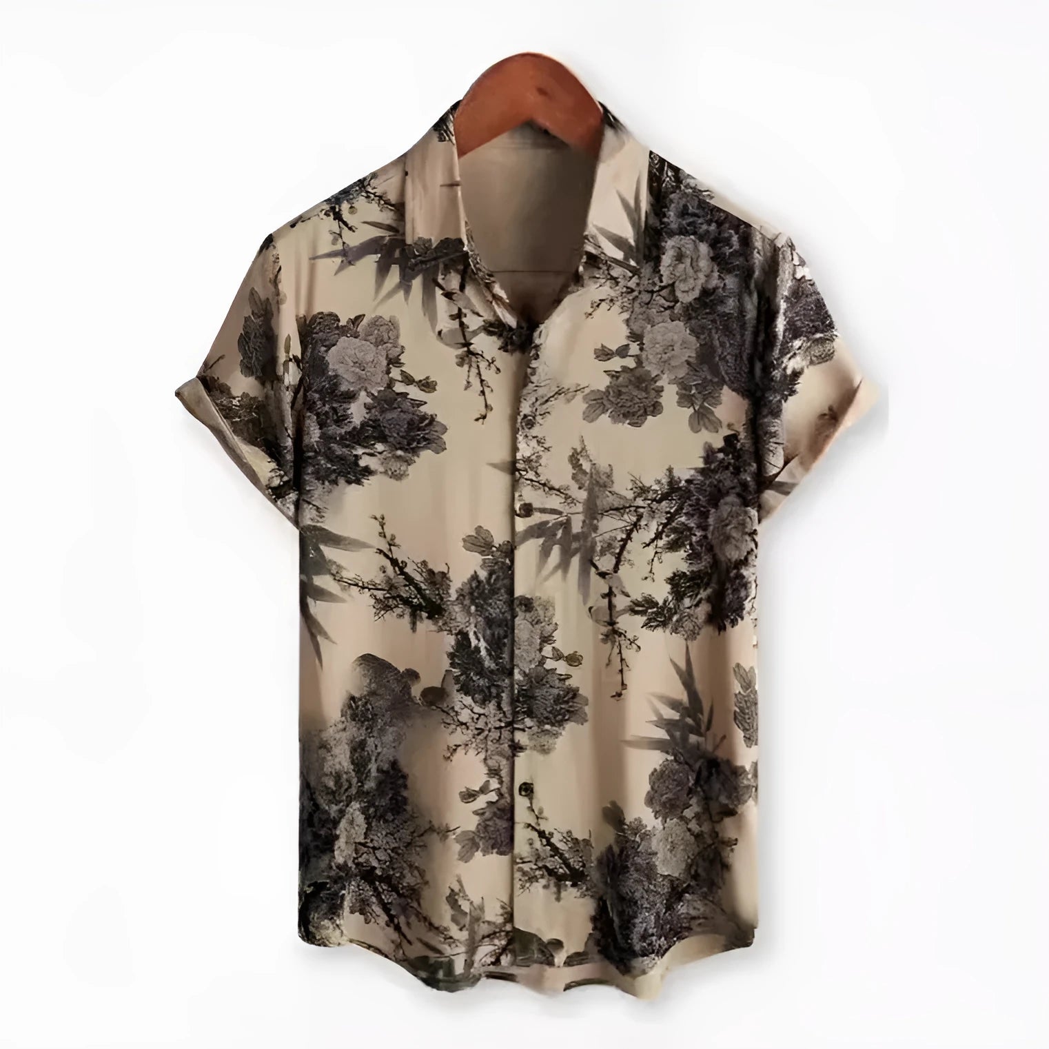 Man wearing a short sleeve lapel collar Hawaiian shirt with a blue floral print.