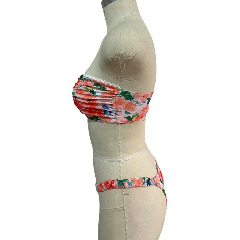 Women's floral print tube top bikini set with lace trim in blue colour