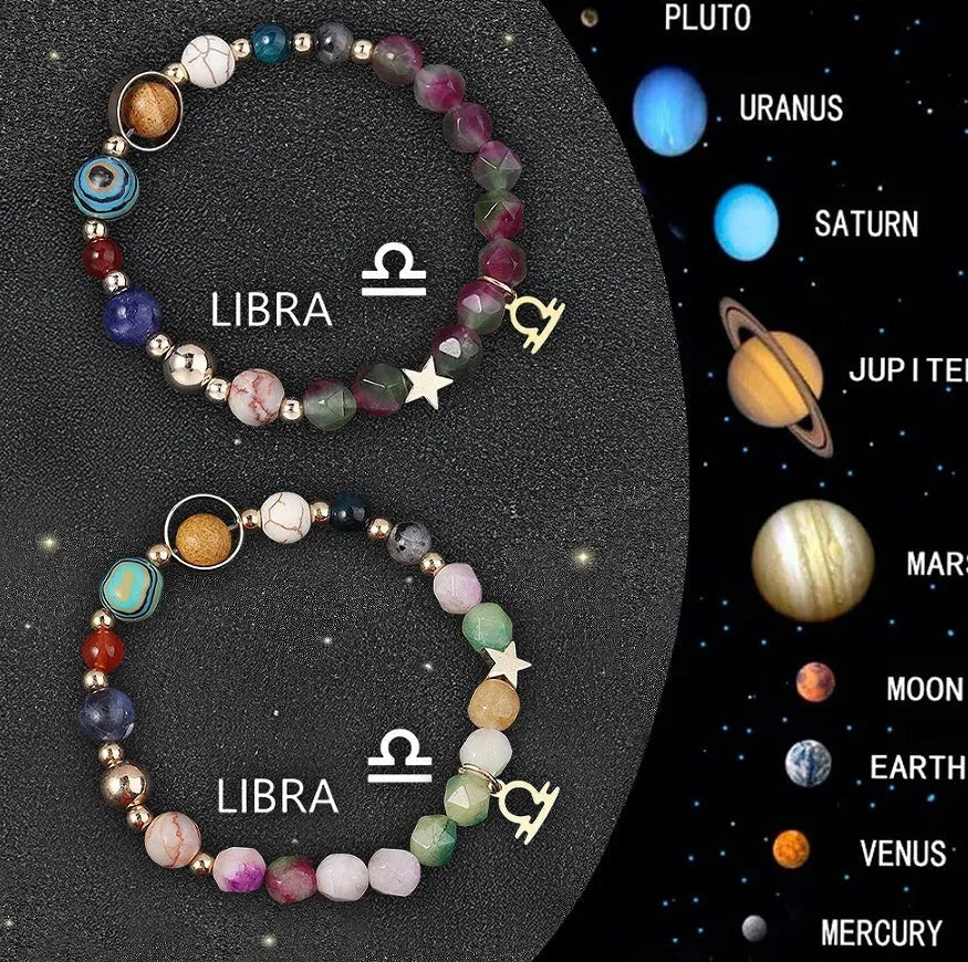 Two adjustable natural stone beaded bracelets showing zodiac sign designs on a neutral background