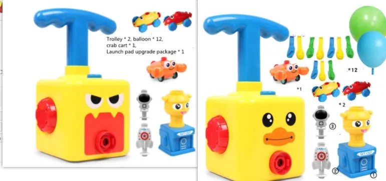 Balloon launch tower toy car with inflated balloon on a white surface