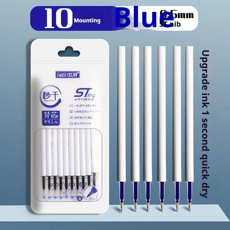 Pack of 10 quick-drying push bullet pen refills in black, red, blue, and ink blue colours.