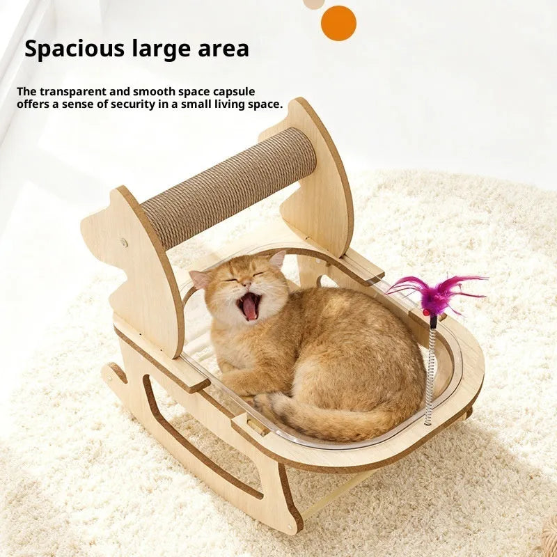 Cat bed space capsule rocking chair with hemp rope column and MDF frame showing simple style