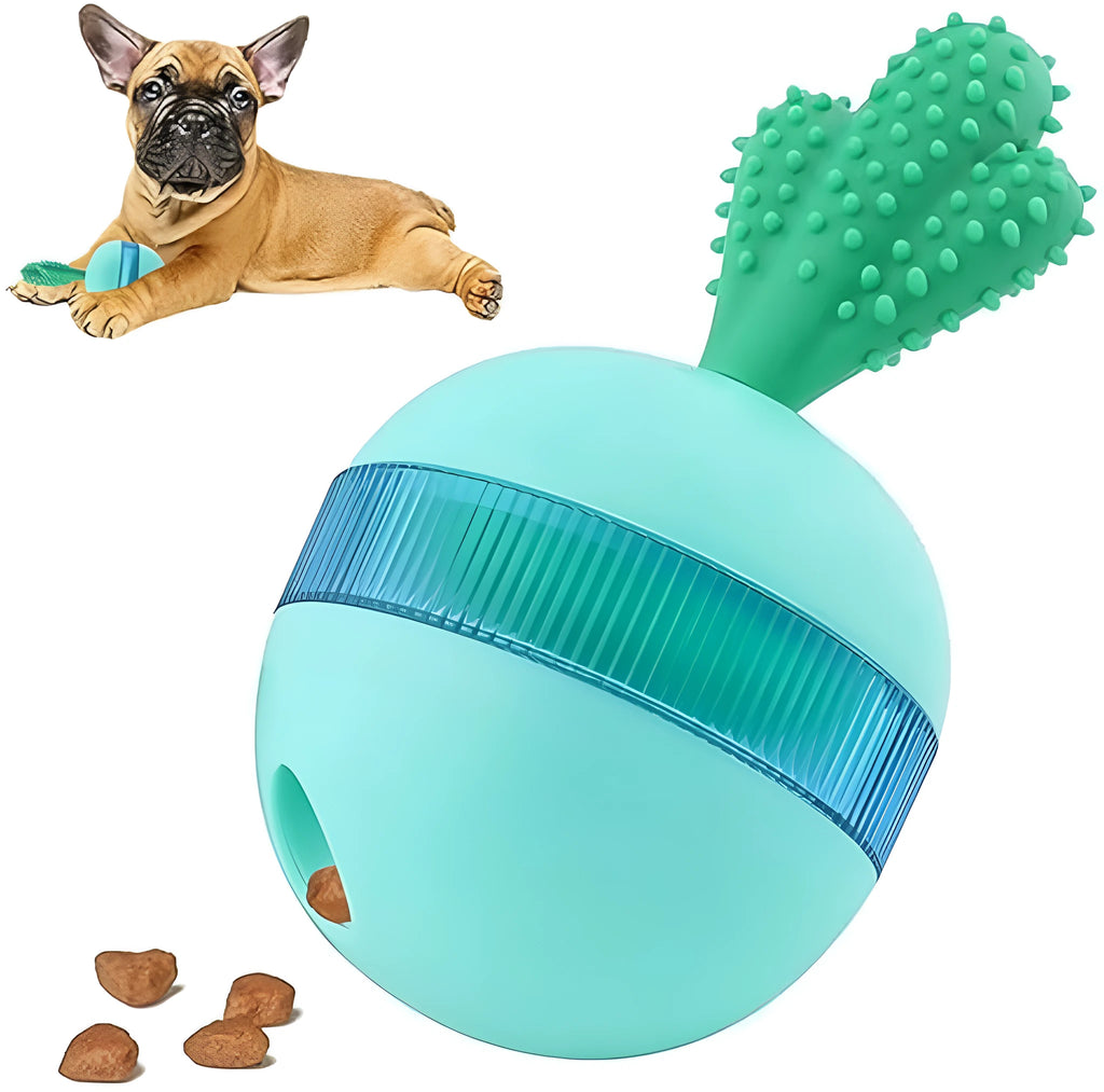 Blue interactive treat dispensing dog toy ball with durable rubber construction for medium large dogs