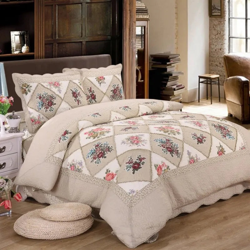Pure cotton Korean style bedspread set with quilted texture on a bed, showing non-slip cover and matching pillowcases.