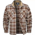 Men's plaid flannel casual button shirt in orange colour on a hanger.