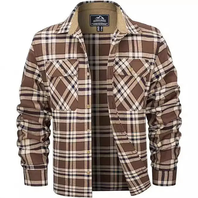 Men's plaid flannel casual button shirt in orange colour on a hanger.