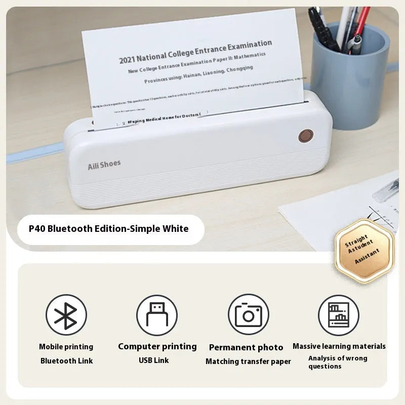 Portable A4 thermal printer in Tiffany Blue or White colours measuring 267mm wide