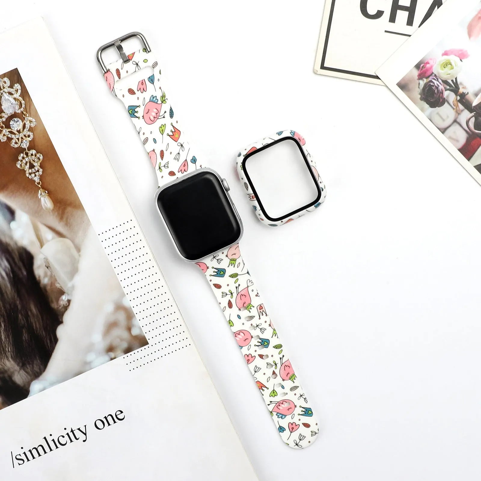 Printed silicone Apple Watch replacement strap in multiple sizes from 38mm to 44mm width