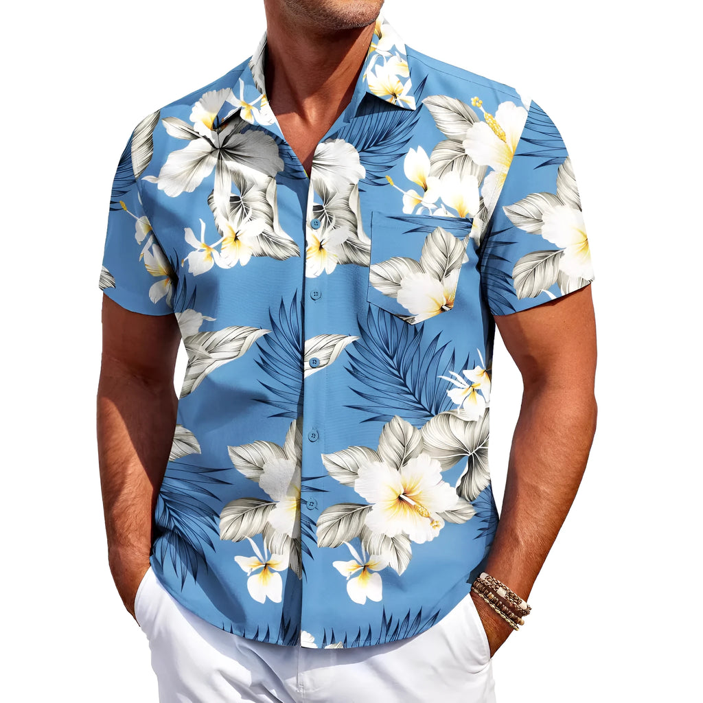A man wearing a slim-fit short-sleeve shirt in a solid colour, showing the cardigan style and elastic fabric.