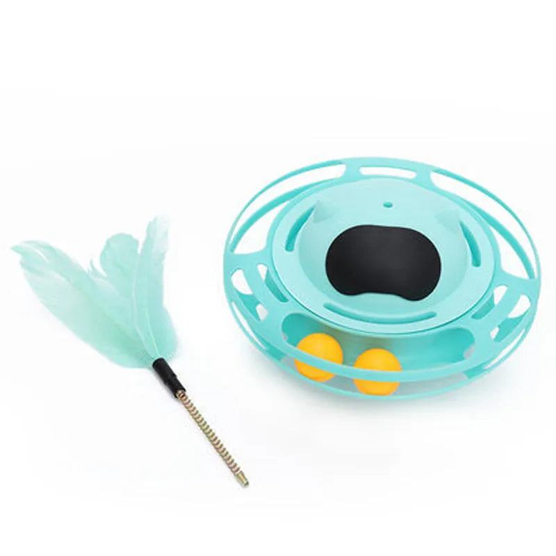 Pink stick-shaped cat toy turntable tumbler with self-hi feature on flat surface