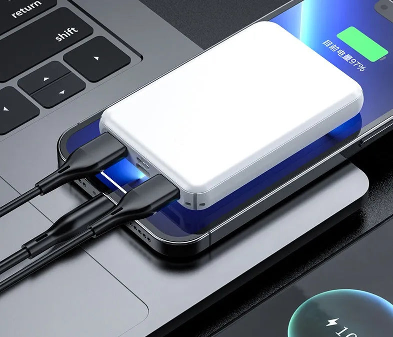 Black and white electric heating vest power bank with dimensions 97x64x14mm.