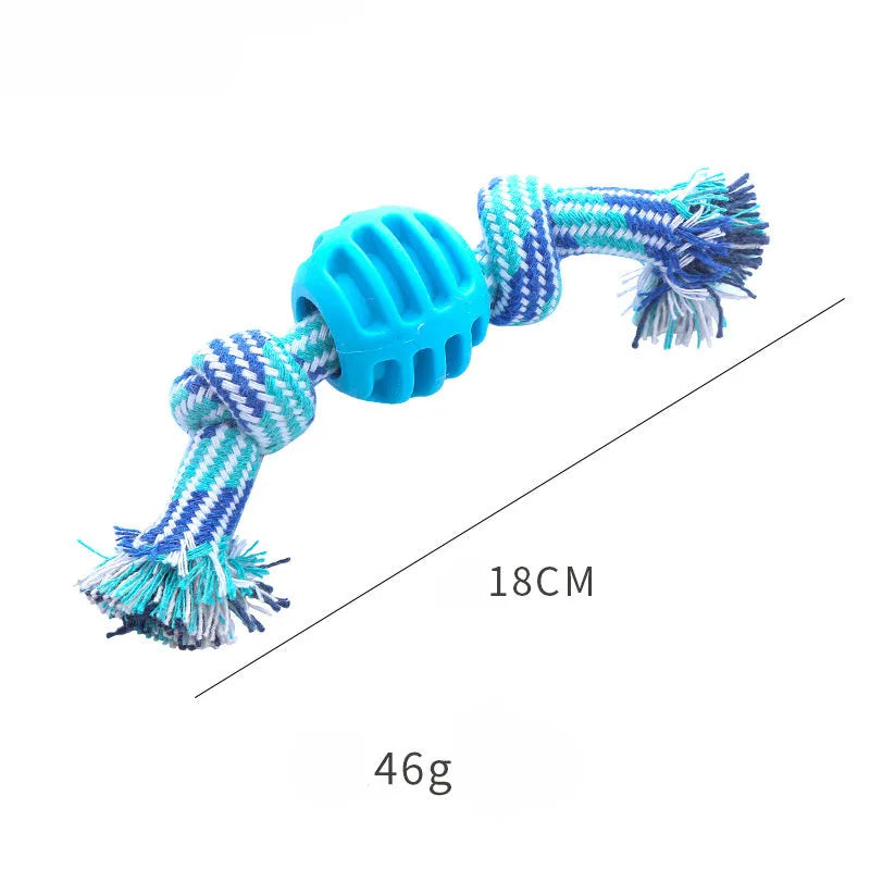Blue dog chew toy with integrated rope cord for dental cleaning and oral health maintenance