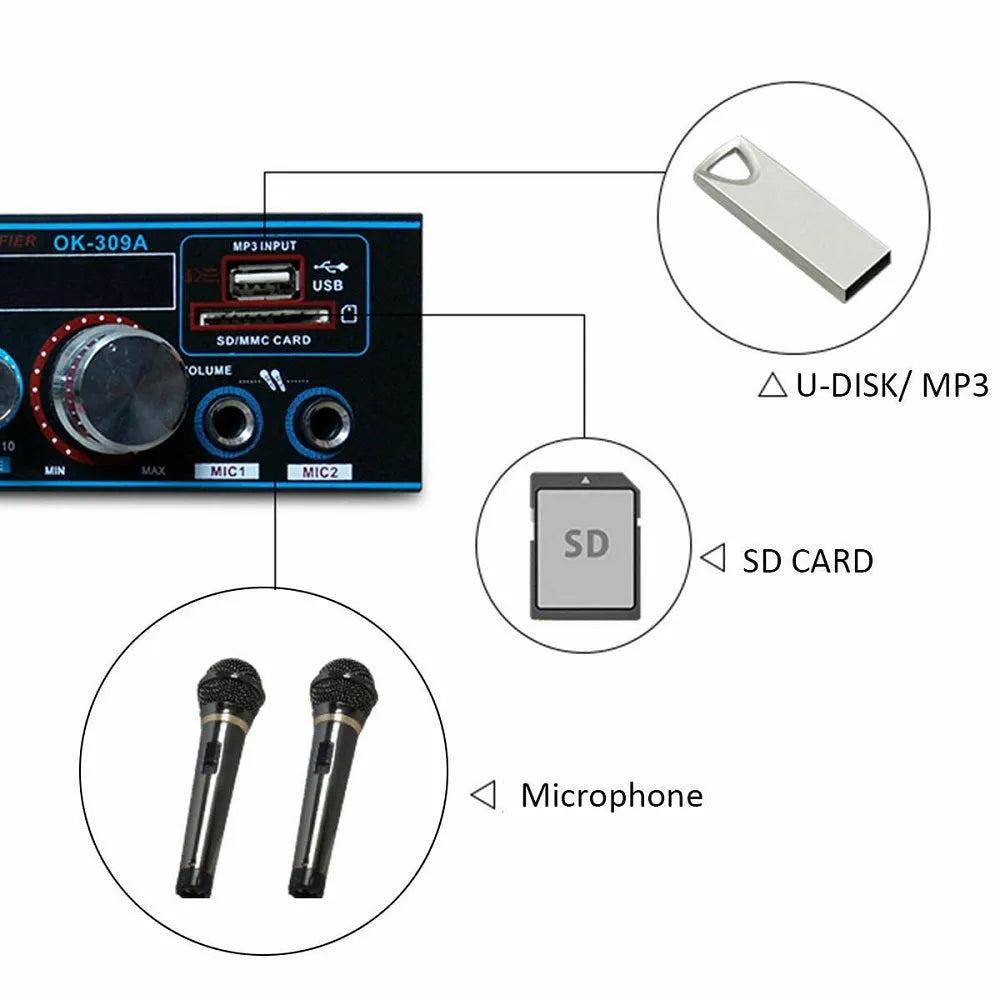 Black Bluetooth power amplifier with recording function for home and car audio systems