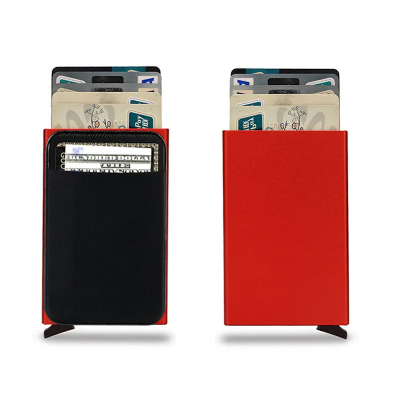 Metal credit card holder with RFID blocking in frosted aluminium alloy showing colour options