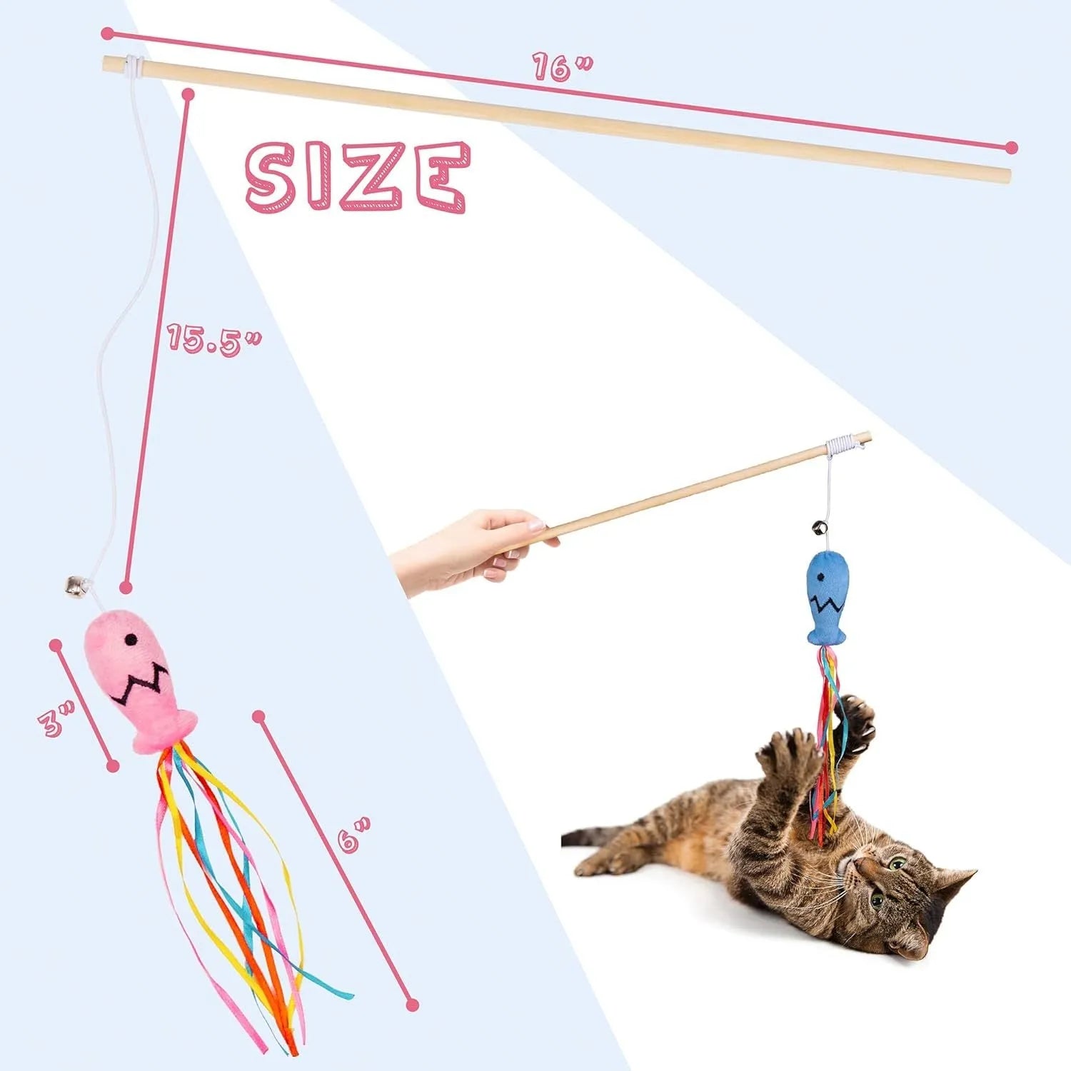 Cat wand toy with wooden handle, colourful ribbons, catnip fish and bell for indoor cats