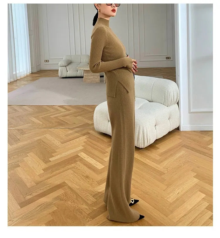Women's knitted three-piece set showing wide-leg pants, sweater top, and cardigan in solid colour with leather stitching