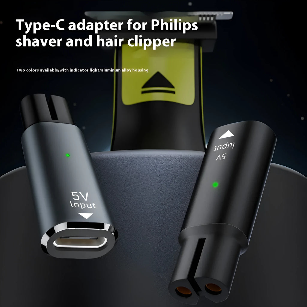 USB-C charging adapter for electric shavers with aluminium alloy housing in black or grey